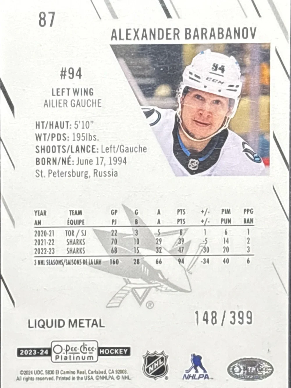 O-Pee-Chee Platinum Alexander Barabanov Hockey Trading Card LE 148/399
